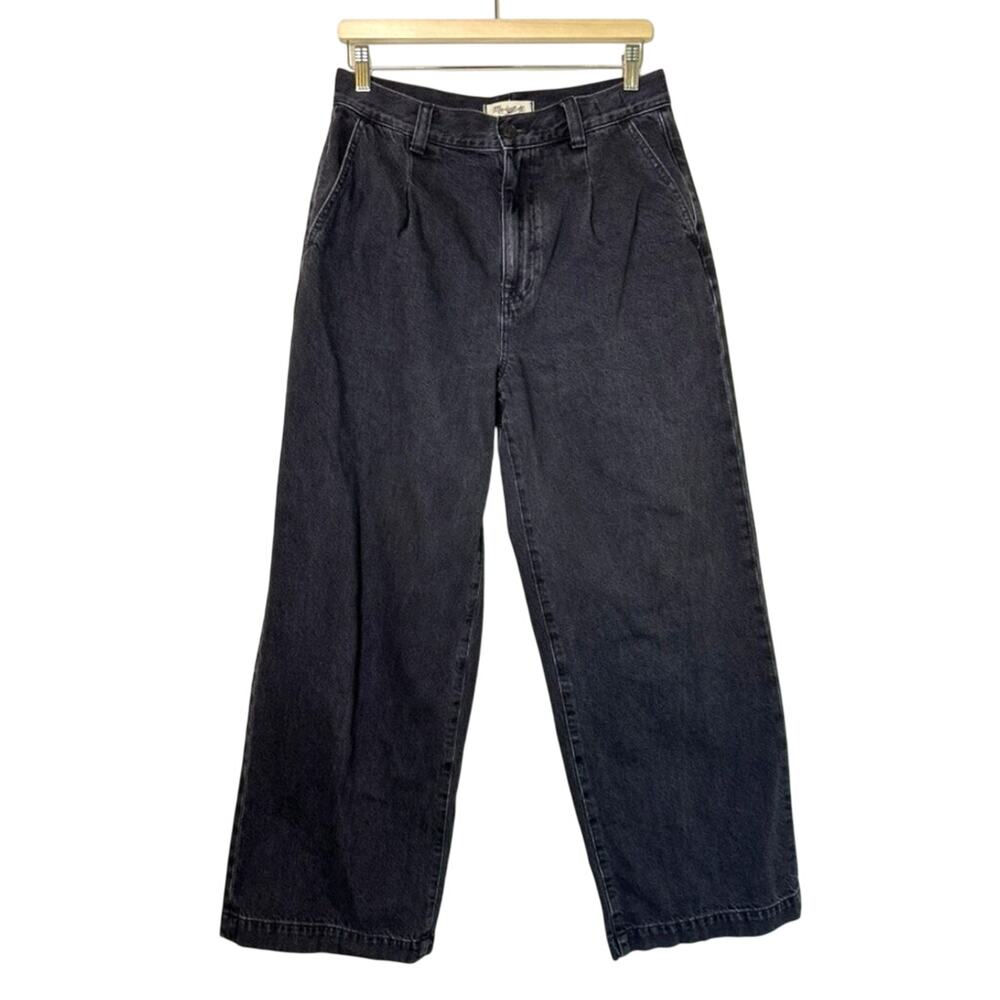 Madewell Harlow Wide Leg Pleated High Rise Black Denim Pants Women 28 Grunge
